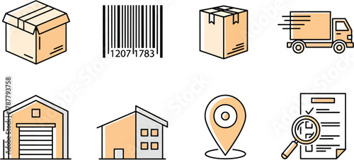 Comprehensive logistics and delivery icon set with shipping boxes, barcode, fast delivery truck, warehouse, house, location pin, and order tracking document. Vector