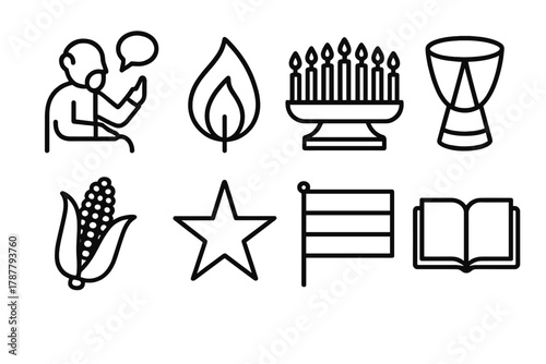 Kwanzaa Symbols Compilation. Kwanzaa Wisdom Sharing outline icon set: storyteller figure, candle flame, kinara, drum, corn, star, flag, book.
