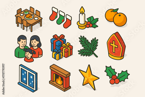 Festive Holiday Icons. Family Celebration Evening modern flat icon set: table with food, stockings, candlelight, oranges, gifts, pine sprig, joyful family, bishop hat, snow outside