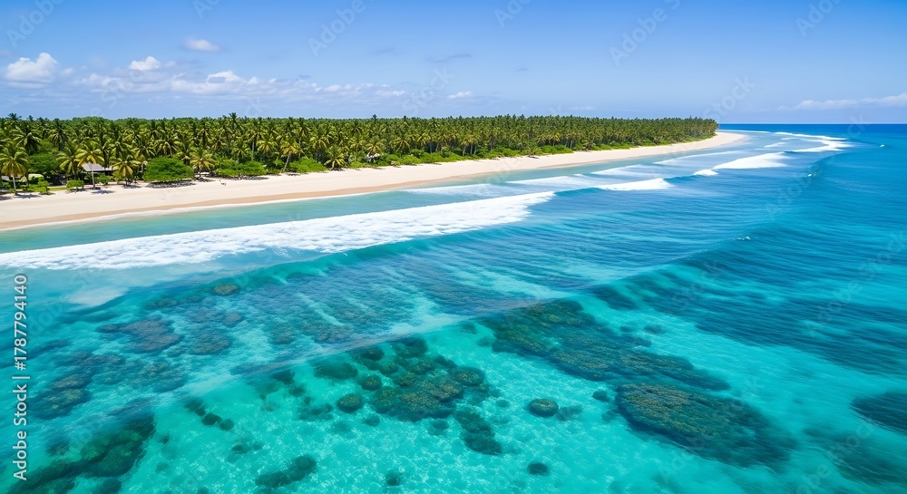Obraz premium Aerial view of tropical beach with turquoise water and palm trees.