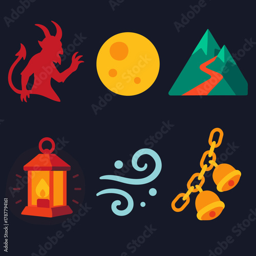 Haunting Night Icons. Haunting Night modern flat icon set: Krampus silhouette, full moon, mountain trail, lantern glow, snow swirl, bell chain.