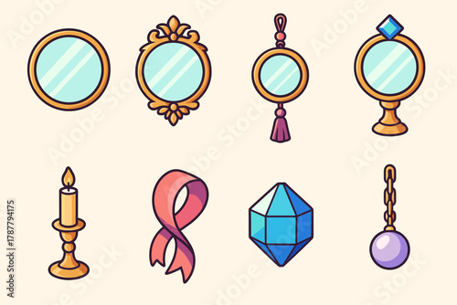Chic Mirror Icons. Elegant Mirrors modern flat icon set: round mirror, bronze frame, floral carving, tassel cord, gem ornament, candleholder, silk ribbon, crystal bead.