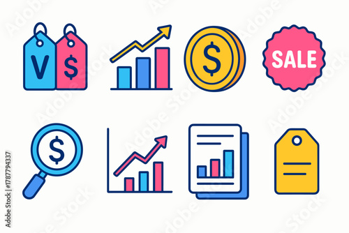 Modern Sales Icons. Sales Pricing Insights modern flat icon set: tag versus icon, bar chart, dollar coin, sale sticker, magnifying glass, graph line, report paper, product label.
