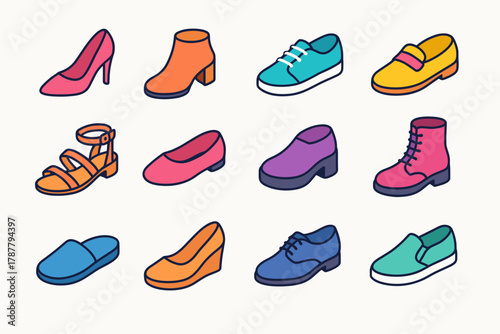 Vibrant Footwear Icons. Stylish Footwear modern flat icon set: high heels, ankle boots, sneakers, loafers, strappy sandals, ballet flats, platform shoes, lace-up boots, slippers,