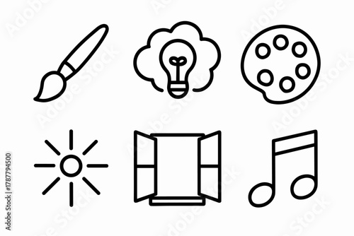 Creative Icons Symphony. Creative Outlook outline icon set: paintbrush, idea cloud, color palette, light ray, open window, music note.