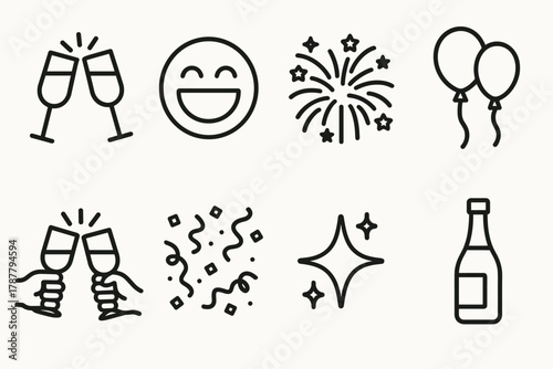 Celebratory Icon Set. Cheers & Laughter outline icon set: champagne flutes, laughing face, fireworks, party balloons, toast gesture, confetti, sparkle star, drink bottle.