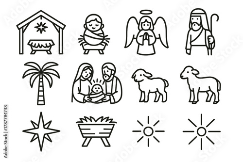 Traditional Nativity Icons. Traditional Nativity Display outline icon set: manger, baby figure, angel, shepherd, lamb, ox, palm, star, holy family, wooden stable, hay bed, radiant
