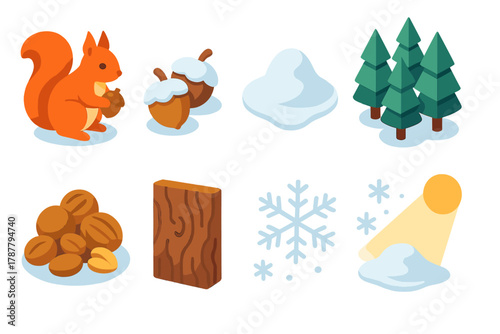 Snowy Forest Icons. Snowy Forest Foraging modern flat icon set: red squirrel, frosted acorns, snow mound, pine forest, nut stash, tree bark, snowflakes, morning light.