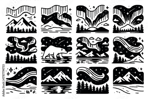 Aurora Icon Set. Northern Lights Set outline icon set: aurora sky, mountain silhouette, pine forest, glowing horizon, polar bear, frozen lake, shooting star, night clouds, ice