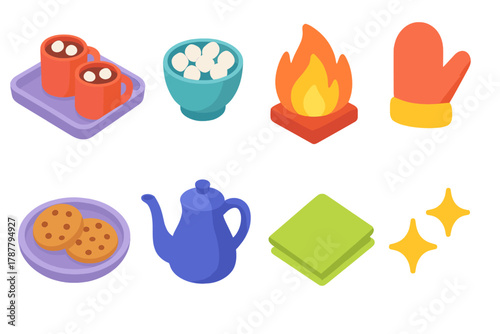 Cozy Cocoa Icons. Family Cocoa Night modern flat icon set: tray with mugs, marshmallow bowl, fireplace glow, mitten hand, cookie plate, cocoa pot, napkin, laughter sparkles.