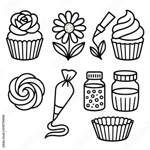 Floral Cupcake Icons. Floral Designs outline icon set: rose cupcake, daisy topper, leaf piping, pastel frosting, petal swirl, piping bag, sprinkle jar, cupcake liner.