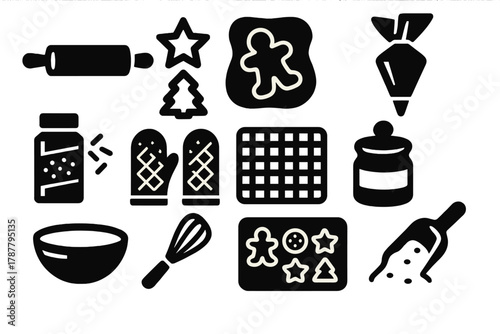 Festive Baking Icons. Holiday Cookie Baking bold vector icon set: rolling pin, cookie cutters, dough sheet, icing bag, sprinkles, oven mitts, cooling rack, sugar jar, mixing bowl,