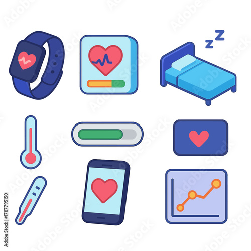 Isometric Wellness Icons. Wellness Monitoring modern flat icon set: smart band, heart monitor, calorie tracker, rest icon, temperature gauge, progress bar, health app, wellness