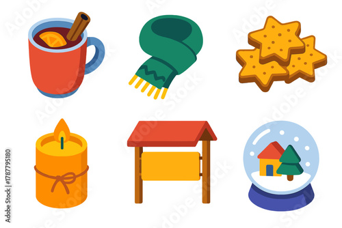 Festive Icon Set. Holiday Vendor Row modern flat icon set: mulled wine cup, wool scarf, cookies, handmade candle, stall sign, snow globe.