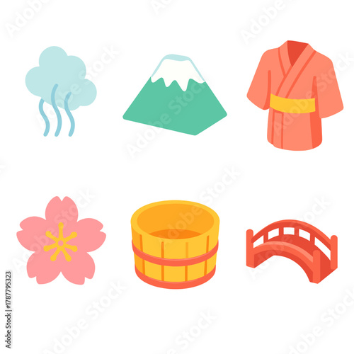 Onsen Icon Set. Onsen Relaxation Icons modern flat icon set: steam cloud, mountain, yukata robe, wooden tub, cherry blossom, bridge.