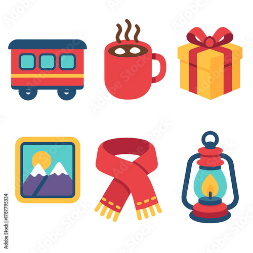 Festive Travel Icons. Festive Rail Travel modern flat icon set: train car, cocoa mug, gift box, mountain view, scarf, lantern.
