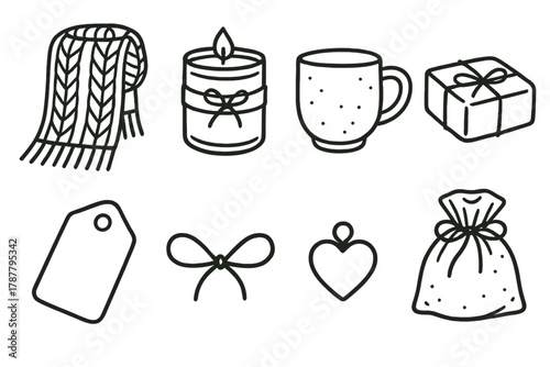 Crafted Gift Collection. Crafted Gift Set outline icon set: knitted scarf, handmade candle, clay mug, wrapped soap, paper tag, twine bow, heart charm, fabric pouch.