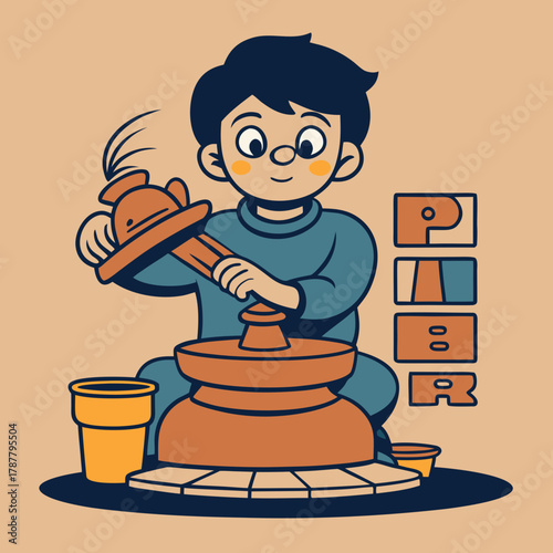 Boy making pottery on a wheel