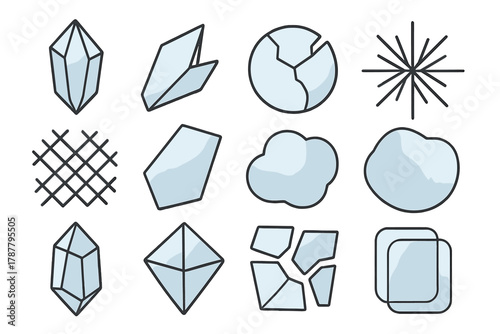 Geometric Crystal Icons. Frozen Abstracts outline icon set: geometric crystal, angular shard, broken plate, radial crack, frosted lattice, gradient glass, soft blue haze, icy prism