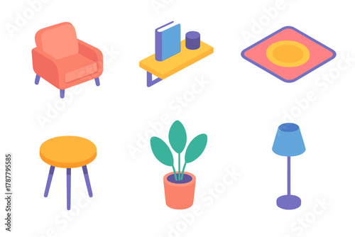 Isometric Room Icons. Modern Living Space modern flat icon set: armchair, wall shelf, rug, side table, plant pot, floor lamp.
