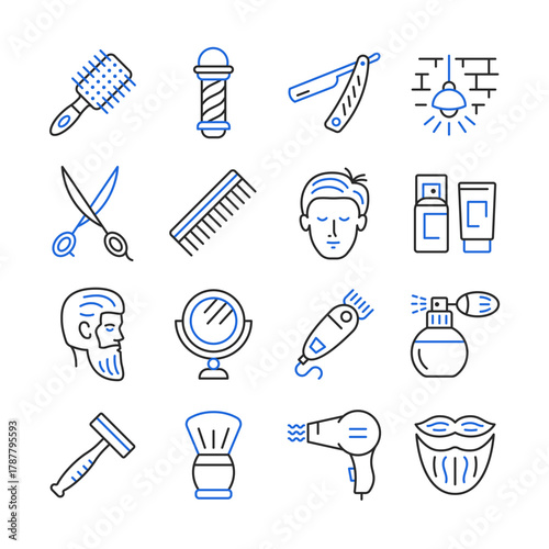 Barbershop line icon set. Equipment for shaving and haircut. Vector color collection with scissors, razor, hairbrush, mirror, cologne.