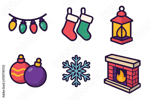 Festive Home Icons. Holiday Interiors modern flat icon set: string lights, stockings, lantern, fireplace mantel, baubles, snowflake.
