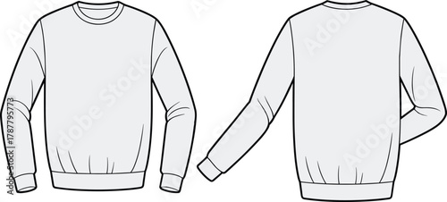 Front and back view crewneck sweatshirt fashion flat sketch, unisex casual pullover clothing design template, minimal garment outline, cad drawing vector illustration