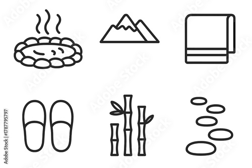 Serene Hot Spring Icons. Hot Spring Escapes outline icon set: steaming pool, mountain backdrop, towel, slippers, bamboo, stone path.