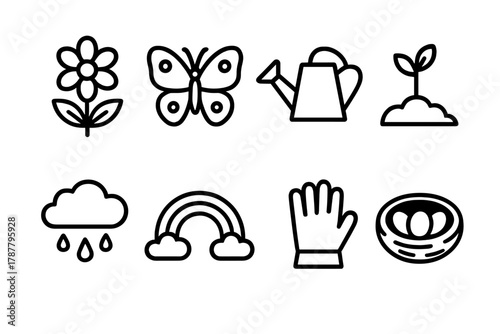 Spring Icon Set. Spring Timeline outline icon set: blooming flower, butterfly, watering can, seedling, rain cloud, rainbow, garden glove, bird nest.
