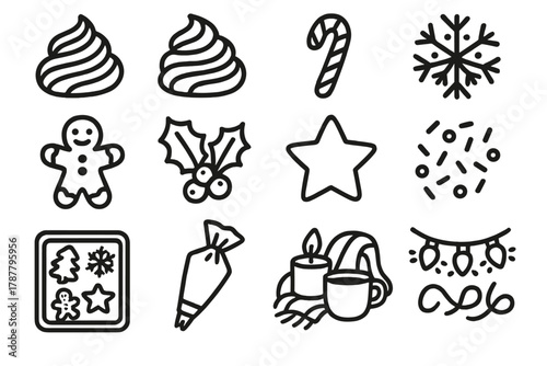 Festive Baking Essentials. Holiday Frosting outline icon set: red and green swirls, candy cane stripes, snowflake shapes, gingerbread cookies, holly leaves, icing stars, festive
