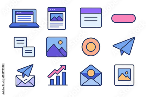 Modern Newsletter Icons. Newsletter Layout modern flat icon set: laptop screen, email template, header banner, call-to-action button, text blocks, image placeholders, company logo,