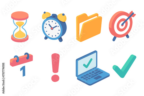 Deadline Focus Icons. Deadline Focus modern flat icon set: hourglass, alarm clock, file folder, target, calendar page, exclamation mark, laptop, checkmark.