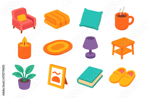 Cozy Nook Icons. Cozy Nooks modern flat icon set: armchair, blanket, pillow, mug, candle, rug, lamp, side table, plant, framed art, book, slippers.