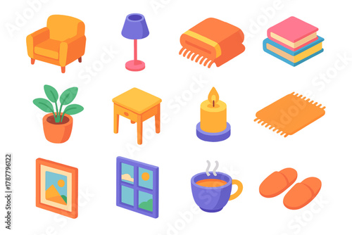 Cozy Nook Icons. Cozy Nooks modern flat icon set: armchair, floor lamp, blanket, book stack, potted plant, side table, candle, rug, framed picture, window view, cup of tea,