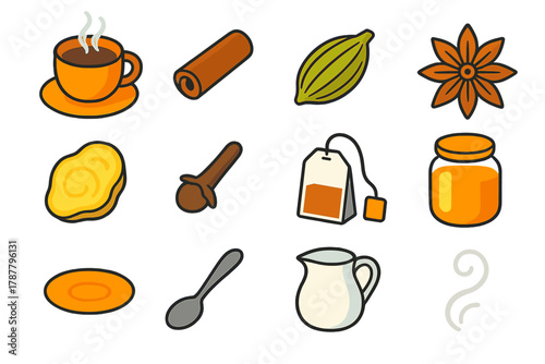 Warm Beverage Ingredients. Warm Comfort modern flat icon set: steaming cup, cinnamon stick, cardamom pod, star anise, ginger slice, clove, tea bag, honey jar, spoon, saucer, milk