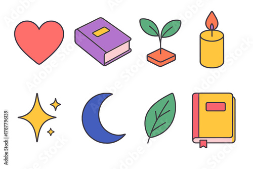 Personal Growth Icons. Personal Growth modern flat icon set: heart, book, plant sprout, candle, sparkle, moon, leaf, journal.