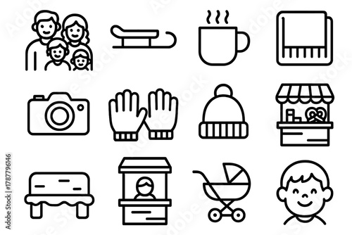 Winter Family Adventure. Family Fun outline icon set: parents and kids, sled, hot drink, blanket, camera, gloves, cozy hat, snack stand, ice bench, ticket booth, stroller, smiling