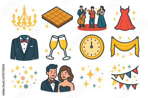 Elegant Ballroom Icons. Elegant Ballroom modern flat icon set: chandelier lights, polished floor, live band, flowing gowns, tuxedos, champagne glasses, clock nearing midnight,