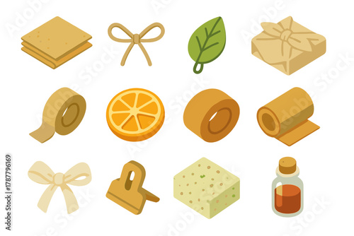 Eco-Friendly Gift Wrapping. Sustainable Wrapping Set modern flat icon set: recycled paper, twine bow, leaf tag, fabric wrap, paper tape, dried orange, kraft sticker, cardboard roll