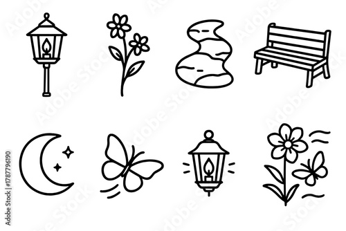 Evening Garden Silhouettes. Evening Garden outline icon set: lantern, flower stem, path stone, bench, soft light, breeze lines, butterfly, moon.