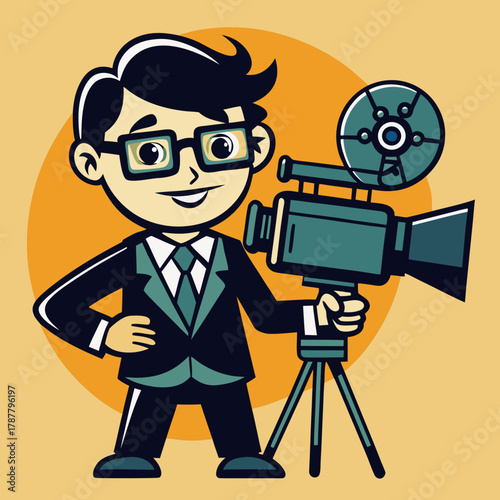 Cartoon filmmaker with vintage camera and glasses