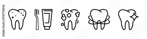 Teeth cleaning editable stroke outline icons set isolated on white background flat vector illustration. Pixel perfect