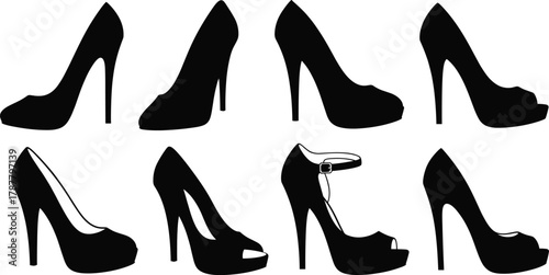 High heel shoes silhouette vector set, stylish women pumps and platform heels collection, fashion footwear illustration design for modern elegance