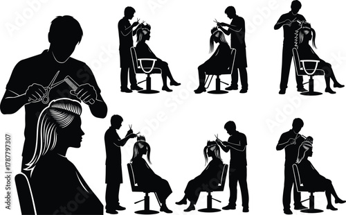 Professional hairstylist cutting woman hair in beauty salon, barbershop service vector illustration, hairdressing stylist working with client silhouette concept design
