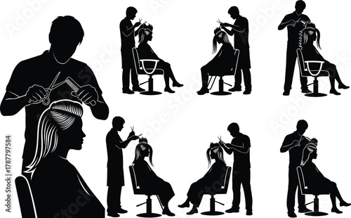 Professional hairstylist cutting woman hair silhouette vector illustration, beauty salon service, hairdresser working on client hairstyle design, barbershop art concept, fashion grooming.