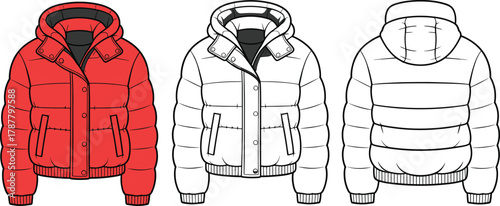 Puffer jacket design, winter outerwear fashion template, hooded coat vector illustration, down jacket mockup, warm clothing CAD drawing design