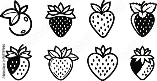 Strawberry fruit icon set, black and white minimal vector illustration, simple organic berry silhouette, healthy food design collection for decoration, logo