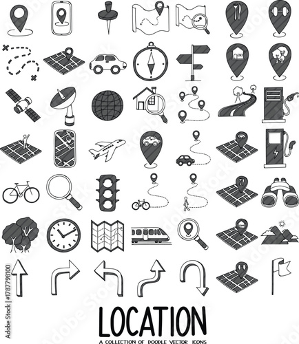 Location Related Doodle vector icon set. Drawing sketch illustration hand drawn line eps10