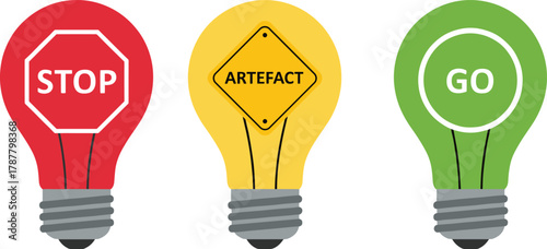 Traffic light concept light bulbs with stop, artefact, and go signs symbolizing decision making, innovation, warning, and progress ideas.