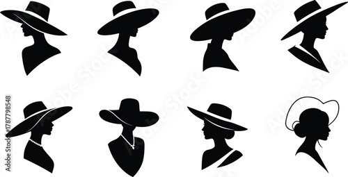 Elegant woman hat silhouettes vector illustration, fashionable female profiles collection for beauty design, vintage fashion logo, boutique decoration, and modern style art